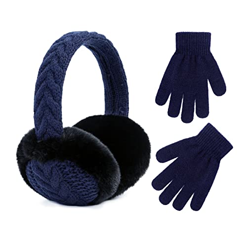 POXIMI Baby Warm Ohrenschützer Kinder Magic Gloves Mädchen Soft Plush Ohrenschützer Kleinkind Strick Fäustlinge für Jungen Winter Ohrenwärmer Set, M-navy Set, Einheitsgröße von POXIMI