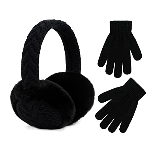 POXIMI Baby Warm Ohrenschützer Kinder Magic Gloves Mädchen Weiche Plüsch Ohrenschützer Kleinkind Strick Fäustlinge für Jungen Winter Ohrwärmer Set (M-Schwarz) von POXIMI