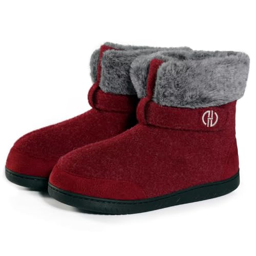 POYLONU Hausstiefel Herren Plüsch Gefüttert Damen Hüttenschuhe Winter Hohe Hausschuhe Warm Geschlossen Filz Pantoffeln Hüttenstiefel Filzpantoffeln Größe 36 37 Rot von POYLONU