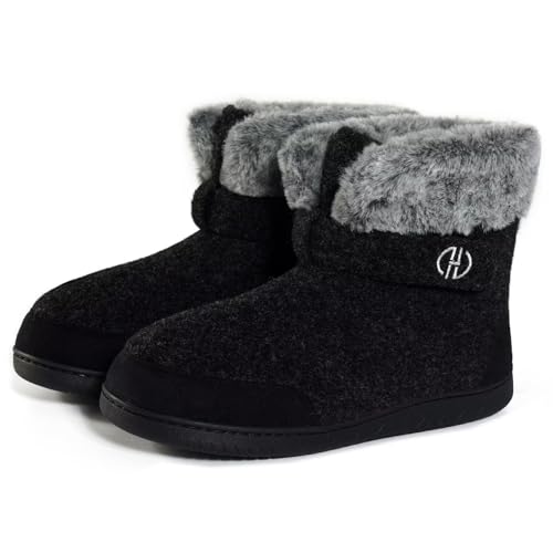 POYLONU Hüttenschuhe Herren Plüsch Gefüttert Damen Hausstiefel Winter Hohe Hausschuhe Warm Geschlossen Filz Pantoffeln Hüttenstiefel Filzpantoffeln Größe 42 43 Schwarz von POYLONU