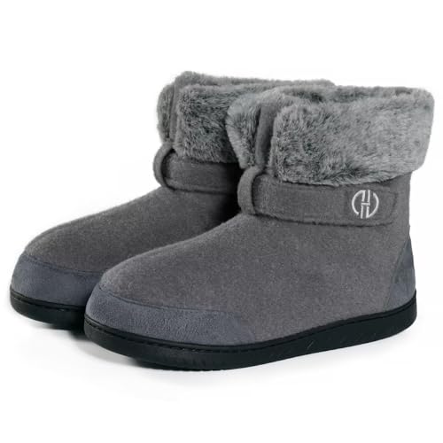 POYLONU Hüttenschuhe Herren Plüsch Gefüttert Damen Hausstiefel Winter Hohe Hausschuhe Warm Geschlossen Filz Pantoffeln Hüttenstiefel Filzpantoffeln Größe 46 47 Grau von POYLONU