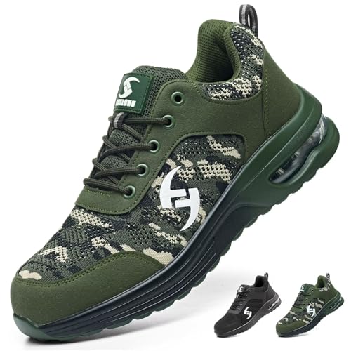 POYLONU Sicherheitsschuhe Herren Arbeitsschuhe Damen Leicht Sportlich Schutzschuhe Atmungsaktiv rutschfest Arbeits Sneaker mit Stahlkappe Militärgrün Tarnmuster Größe 41 von POYLONU