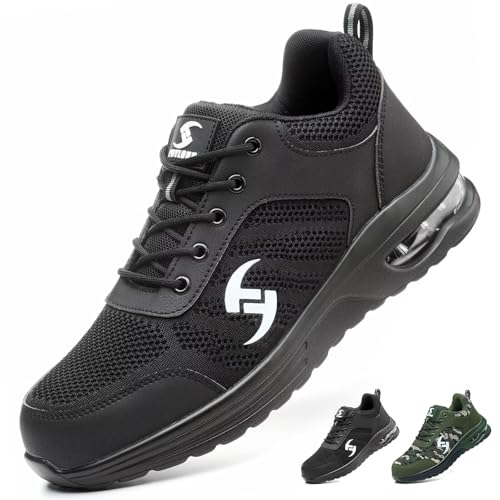 POYLONU Sicherheitsschuhe Herren Arbeitsschuhe Damen Leicht Sportlich Schutzschuhe Atmungsaktiv rutschfest Arbeits Sneaker mit Stahlkappe Schwarz Größe 45 von POYLONU