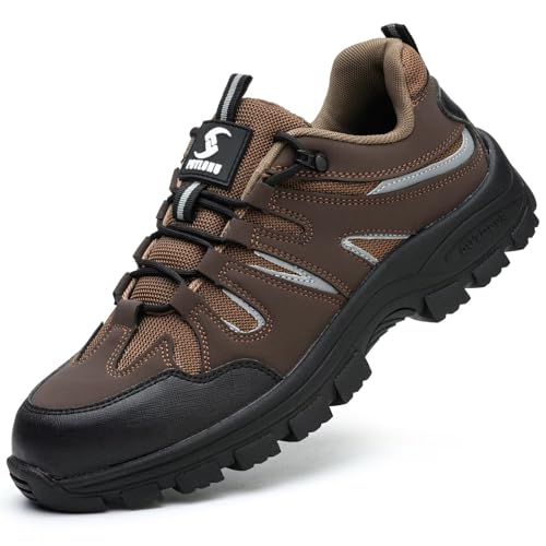 POYLONU Sicherheitsschuhe Herren Arbeitsschuhe Damen Leicht Stahlkappenschuhe Atmungsaktiv rutschfest Arbeits Schuhe mit Stahlkappe Braun Größe 46 von POYLONU
