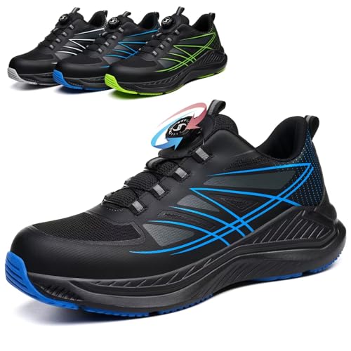 POYLONU Sicherheitsschuhe Herren Leicht Atmungsaktiv Arbeitsschuhe Drehverschluss Schnürsenkel Sportlich Stahlkappenschuhe Arbeits Sneaker Blau Größe 43 von POYLONU