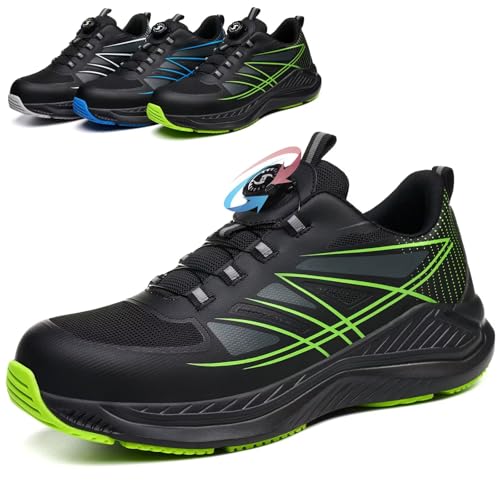 POYLONU Sicherheitsschuhe Herren Leicht Atmungsaktiv Arbeitsschuhe Drehverschluss Schnürsenkel Sportlich Stahlkappenschuhe Arbeits Sneaker Grün Größe 46 von POYLONU