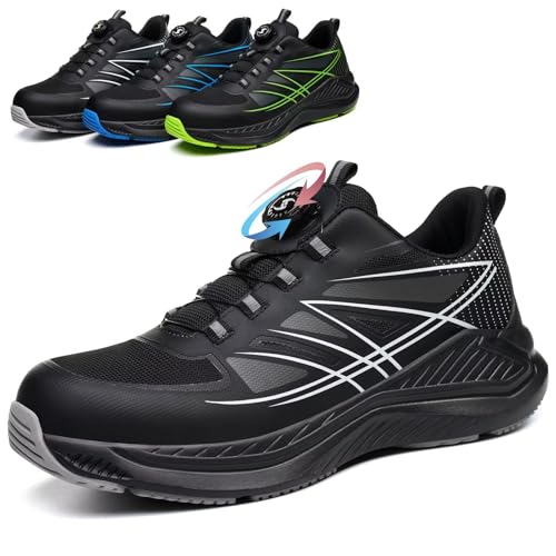 POYLONU Sicherheitsschuhe Herren Leicht Atmungsaktiv Arbeitsschuhe Drehverschluss Schnürsenkel Sportlich Stahlkappenschuhe Arbeits Sneaker Schwarz Größe 44 von POYLONU