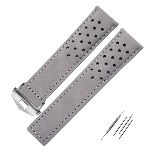 POYNMRE Echtes Kalbsleder Wildleder Ventilate Uhrenarmband Kompatibel mit Tag Heuer Aquaracer Carrera MONACO Armband Herren(Grey-silver,22mm) von POYNMRE