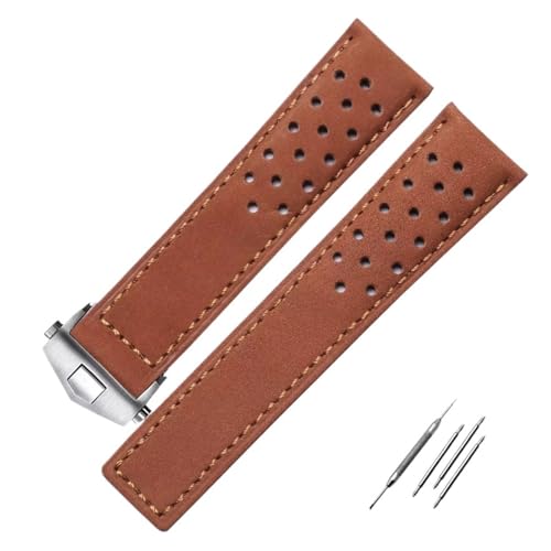 POYNMRE Echtes Kalbsleder Wildleder Ventilate Uhrenarmband Kompatibel mit Tag Heuer Aquaracer Carrera MONACO Armband Herren(Light brown-silver,22mm) von POYNMRE