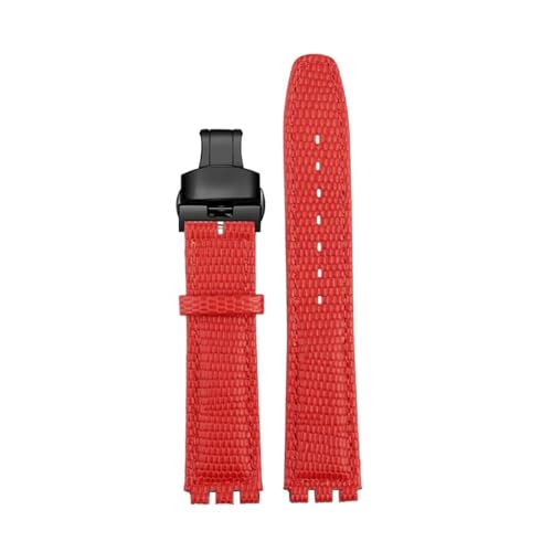 POYNMRE Kompatibel mit SWATCH YCS YAS YGS Rindslederarmband 17 mm Faltschließe Damen Uhrengürtel Schwarz Braun Rot Weiß Armband Zubehör(A red black Fold) von POYNMRE