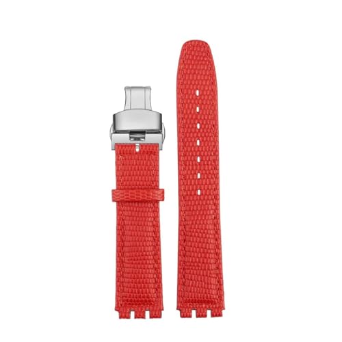 POYNMRE Kompatibel mit SWATCH YCS YAS YGS Rindslederarmband 17 mm Faltschließe Damen Uhrengürtel Schwarz Braun Rot Weiß Armband Zubehör(A red silver Fold) von POYNMRE