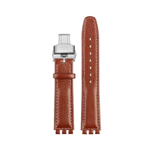 POYNMRE Kompatibel mit SWATCH YCS YAS YGS Rindslederarmband 17 mm Faltschließe Damen Uhrengürtel Schwarz Braun Rot Weiß Armband Zubehör(B Brown silver Fold) von POYNMRE