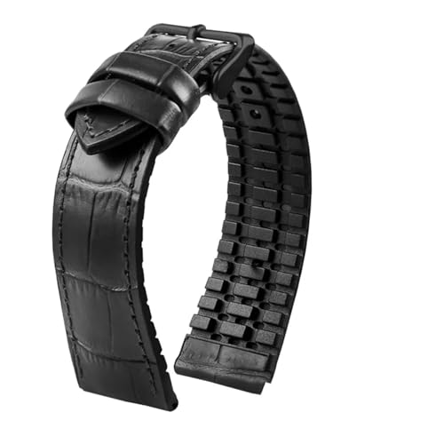 POYNMRE Schwarz Braun Echtes Leder Gummi Uhrenarmband Männer Wasserdichte Silikon Rindsleder Band Bracele(Black-black,20mm) von POYNMRE