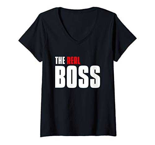 Damen The Real Boss Vater Kind Partner Outfit Partnerlook T-Shirt mit V-Ausschnitt von PP Familien Partnerlook Designs