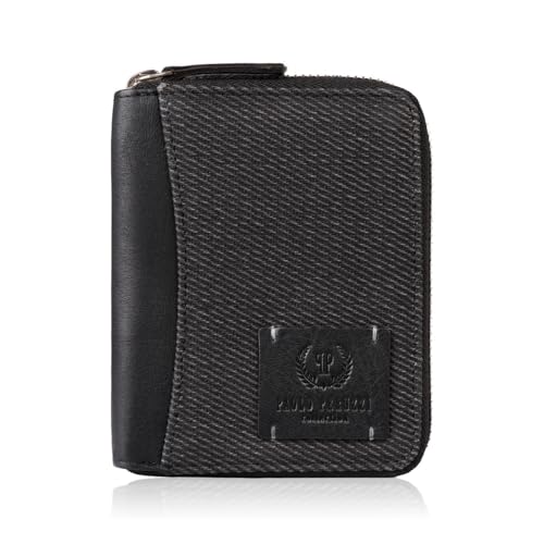Vertikale Geldbörse Herren aus strapazierfähigem 100% Baumwoll-Canvas und echtem Leder, Geldbörse mit RFID-Schutz und 11 Kartenfächern, Paolo Peruzzi AY-06 (Schwarz) von PP PAOLO PERUZZI Kollektion