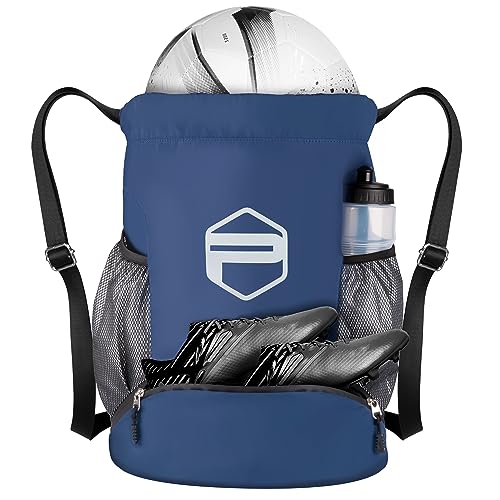 PP PICADOR Jugend Fußball Taschen für Jungen Mädchen, Kordelzug Rucksack für Basketball Volleyball Fußball Sport Training Tasche mit Ballschuh Trocken und Nass Fächer Wasserdicht (Dunkelblau) von PP PICADOR