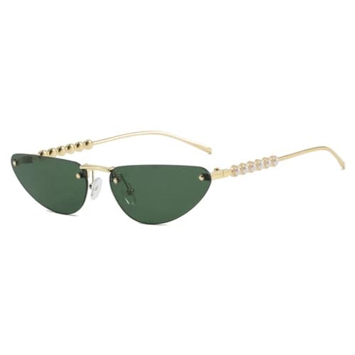 PPFVVTV Luxus Randlose Cat Eye Perle Sonnenbrille Frau Metall Bein Männer Reisen Party Mode Brillen UV400 (Gold Grün) von PPFVVTV
