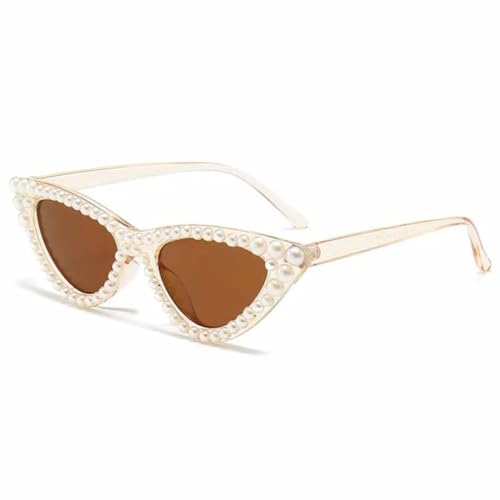 PPFVVTV Retro-Sonnenbrille mit Katzenaugen-Perlendekoration, Damen und Herren, trendig, luxuriös, für Outdoor-Reisen, sonnengeschützt, UV400 (Champagnerbraun) von PPFVVTV