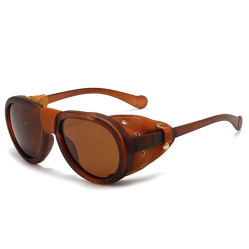 PPFVVTV Sonnenbrille für Damen und Herren, rund, Steampunk-Lederbrille, Vintage-Luxusbrille (braun) von PPFVVTV