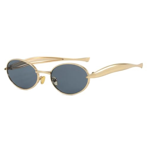 PPFVVTV Trendy Luxus Metall Kleiner Ovaler Rahmen Damen Sonnenbrille Herren Outdoor Reisebrille UV400 (Gold Grau) von PPFVVTV