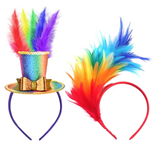 Bunt Feder Stirnband,2PCS Regenbogen Feder,Kopfbedeckungen,Regenbogen Feder Haarreif,Regenbogen Haarreif,Feder Kopfbedeckung,Haarschmuck Damen,für Oster Hochzeit Karneval Party Cosplay von PPGGOPP
