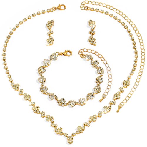 PPGGOPP 3 Stück Brautschmuck Set Silber Hochzeitsschmuck Braut Silber Strass Hochzeitsschmuck Halsketten Armband Ohrringe für Hochzeit Verlobung Brautjungfer Kleider Abschlussball Schmuck (B) von PPGGOPP