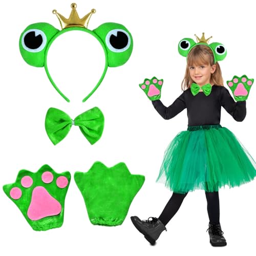 PPGGOPP Frosch Kostüm, 3PCS Froschkostüm für Erwachsene Kinder, Frosch Haarreif, Frosch Handschuhe und Fliege, Frosch Kostüm Accessoires für Karneval Maskerade Cosplay, Mädchen Geschenk von PPGGOPP