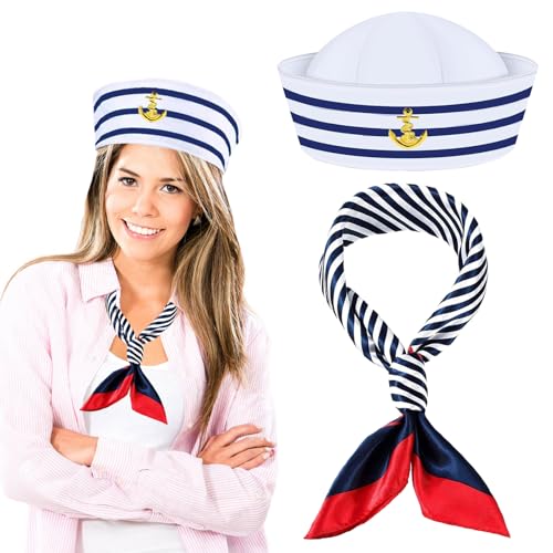 PPGGOPP Matrosenmütze und Schal Set, 2pcs Matrosen Hut Matrosen Schal,Kapitän Matrosen Kostüm Set, Matrosen Accessoires, Matrosen Kostüm Accessoires Damen und Herren für Verkleidungsparty von PPGGOPP