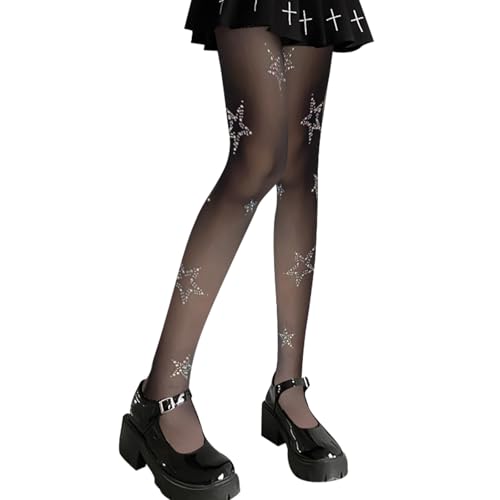 PPGGOPP Strumpfhosen Für Damen,Glitzer Strumpfhose Damen Netzstrumpfhose schwarz Glitzer Strumpfhose Glitzerstrumphose Stern Strumpfhose Damen Strumpfhose Schwarz Muster für Halloween Weihnachten von PPGGOPP