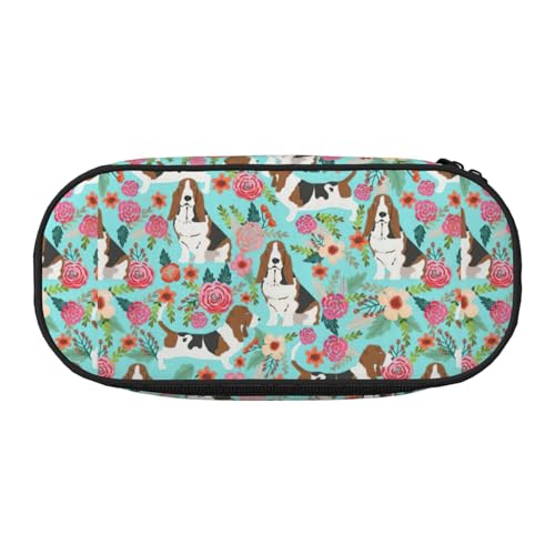 Federmäppchen mit süßem Basset Hound Blumendruck, praktisch, hohe Kapazität, tragbare Make-up-Tasche, Studenten, Teenager, Erwachsene, Schwarz , Einheitsgröße, Taschen-Organizer von PPHGUT
