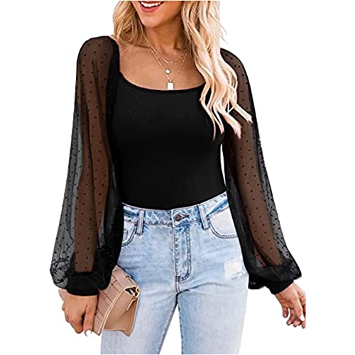 Damen Bluse Shirts Elegante Laterne Langarm Shirt Stehkragen Bluse Büro Tops High Low Schößchen Tops für Frauen Asymmetrische Rüschen Damen Low Cut Perspective Laterne Panel Slim Fit Langarm Top von PPPPA