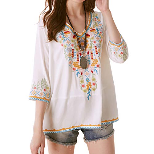 Damen Boho Bestickte Oberteile 3/4 Ärmel Böhmische Lose Tunika Blusen Boho Tunika Hippie Kleid Gestickt Blumen Strandkleid Sommerkleid V-Ausschnitt Blumenkleid Loose T-Shirt Kleid Floral Minikleid von PPPPA