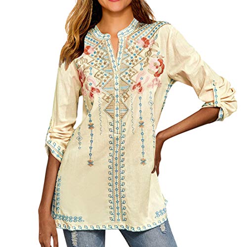 Damen Boho Bestickte Oberteile Langarm Ärmel Böhmische Lose Tunika Blusen Boho Tunika Hippie Gestickt Blumen Loose T-Shirt Bluse Langarm Puff Sleeves Tops Knopf Stand Collar Stehkragen Chiffon Shirt von PPPPA