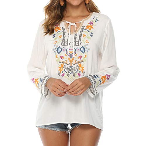 Damen Boho T-Shirt Bluse Langarm Puff Sleeves Tops Knopf Stand Collar Stehkragen Chiffon Shirt Bestickte Oberteile Langarm Ärmel Böhmische Lose Tunika Blusen Boho Tunika Hippie Gestickt Blumen Loose von PPPPA