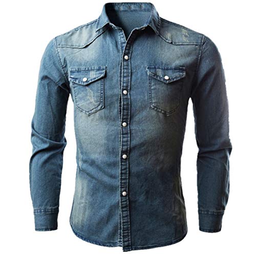 PPPPA Fashion Herren Jeanshemd Ausgewaschen gerippte Arme Dehnbare Men's Denim Blue Black Jean Shirt Band Collar Comfort Fit Front Pockets Herren Langarm Jeans-Hemd Denim Freizeit-Hemd Shirt von PPPPA