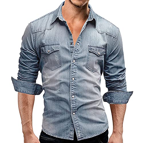 PPPPA Herren Dickes Jeanshemd mit normalem Kragen und stylischen Taschen Slim Fit Hemd Langarm Casual Button Down für Mode Herren Jeanshemd Langarm Jeansjacke Stretchy Top… von PPPPA