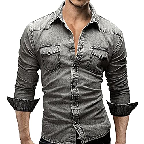 PPPPA Herren Dickes Jeanshemd mit normalem Kragen und stylischen Taschen Slim Fit Hemd Langarm Casual Button Down für Mode Herren Jeanshemd Langarm Jeansjacke Stretchy Top… von PPPPA