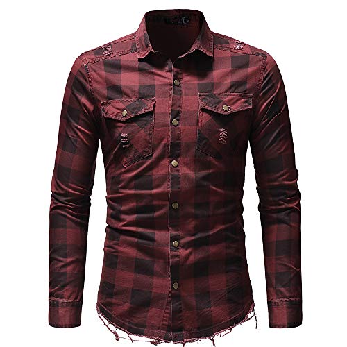 PPPPA Herren Slim-Fit Langarm Kariertes Fischgrätenhemd Klassischer Saum Denim Langarmhemd Denim Langarmhemd mit rohem Saum Herrenhemd Freizeithemd Langarm Herren Herren Lässig Langarm Jeanshemd von PPPPA