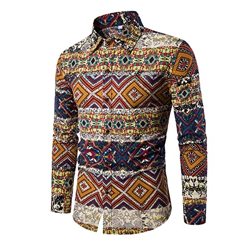 PPPPA Herrenhemd mit Blumenmuster, Button Langarmhemd mit Blumendruck, 100% Baumwolle, Retro, traditionelles ethnisches Muster, Leinen, Langarm, Herren-Paisley-Hemd, lässiges Retro-Button-Down-Hemd von PPPPA