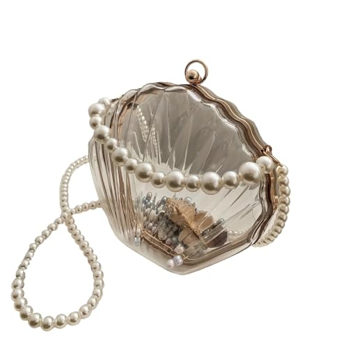 Klare, muschelförmige Tasche for Damen, Umhängetasche mit Perlenkette, Clutch Perlen for von PPQIRU