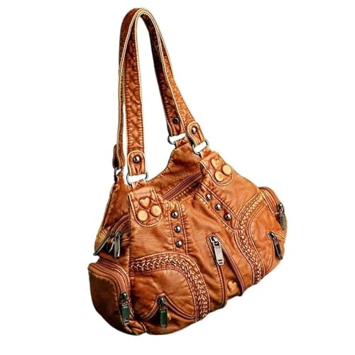 PPQIRU Damen Umhängetasche Vintage Designer Pu Leder Einkaufstasche Großraum Niet Motorrad Handtasche(Beige) von PPQIRU