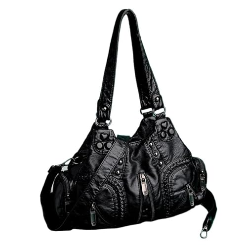 PPQIRU Damen Umhängetasche Vintage Designer Pu Leder Einkaufstasche Großraum Niet Motorrad Handtasche(Black) von PPQIRU