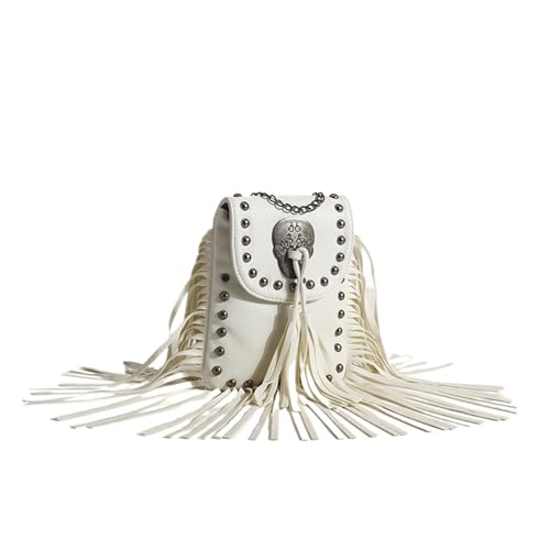 PPQIRU Damen-Umhängetasche mit Nietenquaste, kleine Handytasche, lässig, dünne Kette, Schulter-Umhängetasche for Frauen(WHITE) von PPQIRU