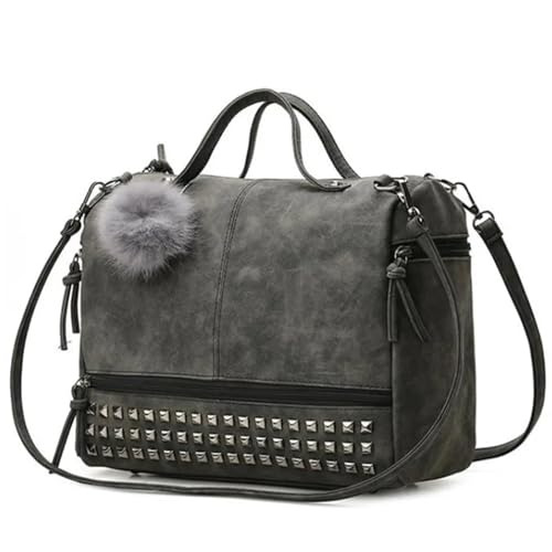 PPQIRU Große Kapazität Damen Umhängetasche Vintage Leder Damen Handtasche Nietentaschen Haar Ball Messenger Top-Griff Tasche(Black) von PPQIRU