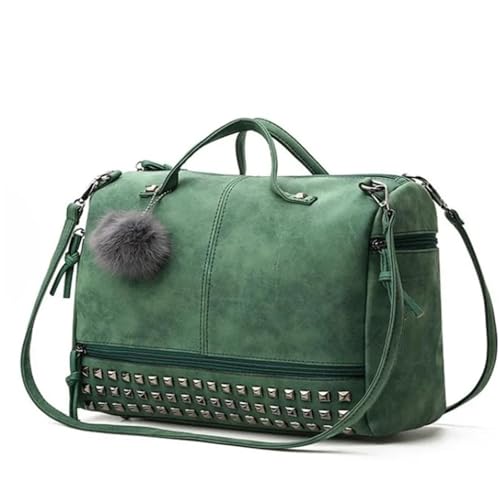 PPQIRU Große Kapazität Damen Umhängetasche Vintage Leder Damen Handtasche Nietentaschen Haar Ball Messenger Top-Griff Tasche(Green) von PPQIRU