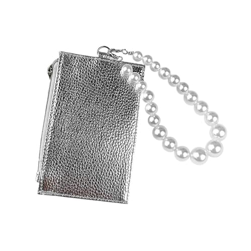 PPQIRU PＵ Geldbörse for Damen, tragbar, mit Perlen-Armband, kurze, elegante Clutch for Partys(Silver) von PPQIRU