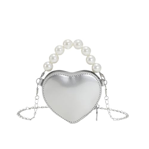 PPQIRU Schlichte Umhängetasche for Damen, elegante Handtasche mit Griff aus Kunstperlen, kleine herzförmige Schulterkette(Silver) von PPQIRU