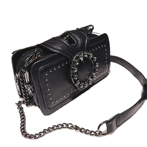PPQIRU Umhängetasche im Vintage-Stil mit runder Strassschnalle und Henkel, beliebte Geldbörse mit Nietendekor for Damen(Black) von PPQIRU