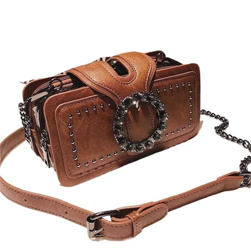 PPQIRU Umhängetasche im Vintage-Stil mit runder Strassschnalle und Henkel, beliebte Geldbörse mit Nietendekor for Damen(Brown) von PPQIRU