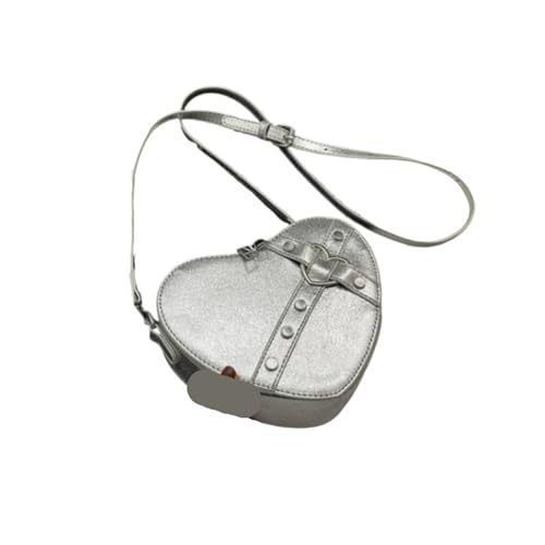 PPQIRU Vintage Kleine Kette Nieten Schultertasche Herzförmige Geldbörse Handtasche PU Leder Einkaufstasche Frauen Umhängetasche(Sliver) von PPQIRU
